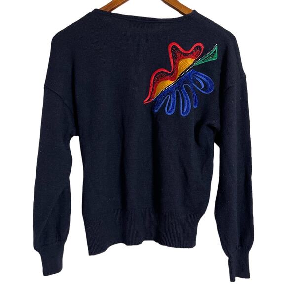 Escada VTG Margaretha Ley Abstract Rhinestone Silk Sweater Navy Size 36/S - Picture 2 of 6